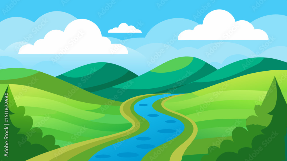Fototapeta premium Rolling Hills with Winding River Vector Landscape