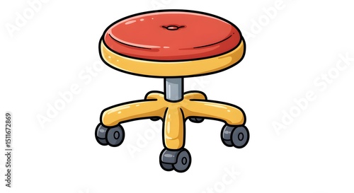 Illustration of a red and yellow rolling stool with a white background viewable