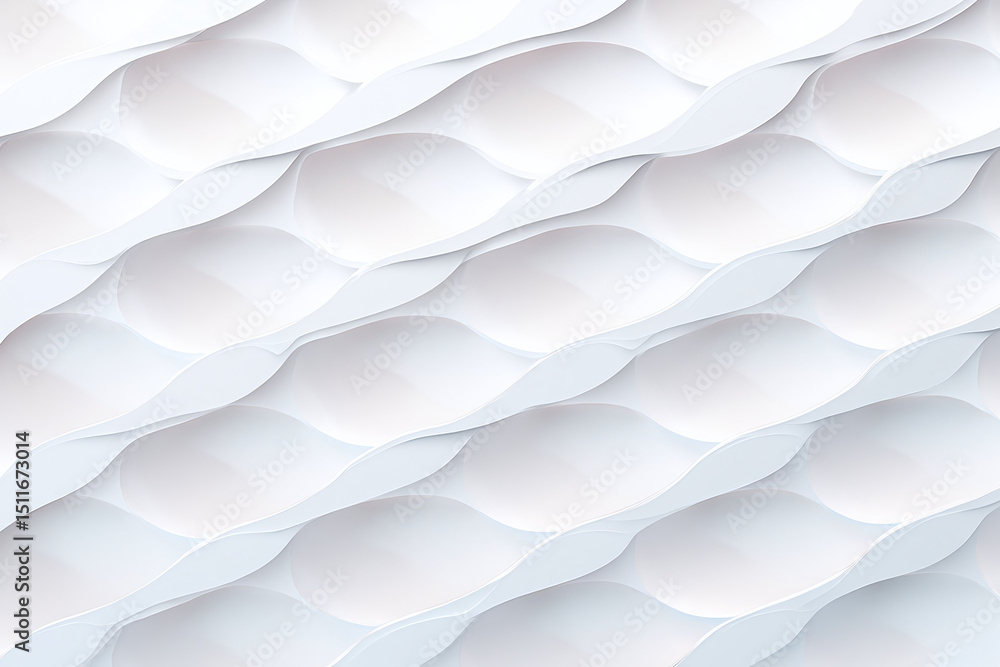 Obraz premium A white geometric wave pattern design features multiple curving lines flowing horizontally across a light gray background. Each wave segment has a subtle drop shadow effect creating depth, with smooth