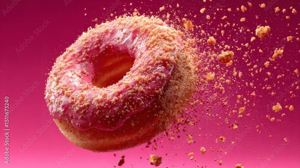 Vibrant pink-frosted donut with sugar sprinkles floating mid-air on magenta background in dramatic ambient lighting – donut food concept Image 4K UHD Vibrant pink-frosted donut with sugar sprinkles floating mid-air on magenta background in dramatic ambient lighting – donut food concept Image 4K UHD