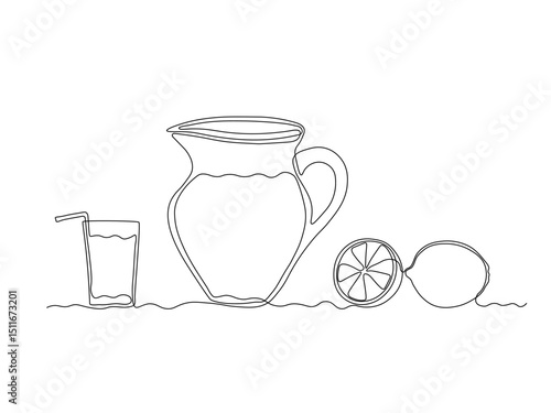 Abstract jug, pitcher for lime juice and glass with straw,glass with cocktail, drink, juice, lemonade and lime. continuous single one line art drawing sketch, logo