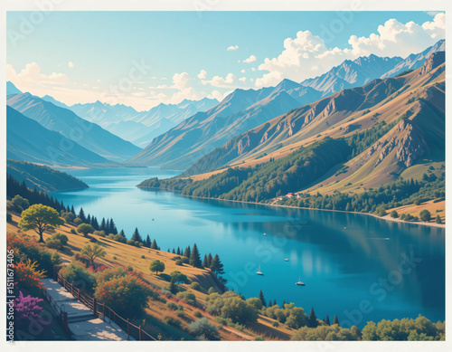 Vector poster of Albania’s lakes and surrounding terrain in pastel tones.