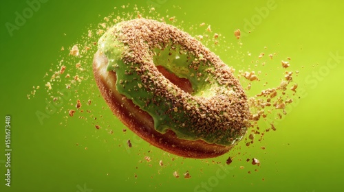 Bright green donut with fine crumb toppings suspended against fresh lime background with crisp natural light – creative food art Image 4K UHD photo