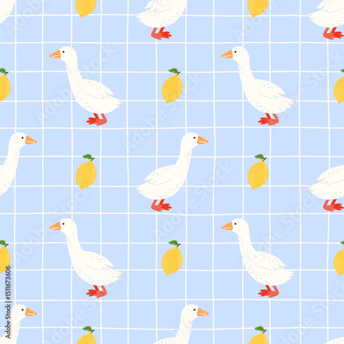 Seamless vector pattern with kawaii goose, lemon, and checkered background. Ideal for spring fabric, kids items, and farm-themed design
