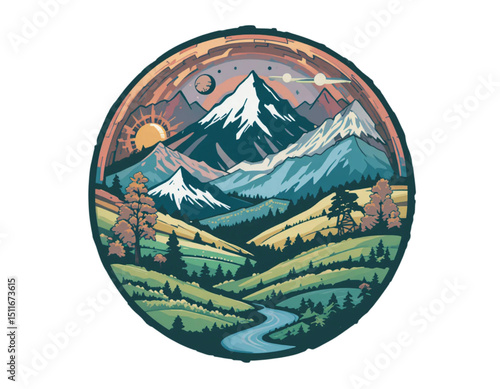 
Stylized vector circle design with elements from Albania’s natural terrain.