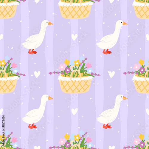 Seamless pattern with kawaii goose and flowers. Perfect for childrens products, fabric, and countryside-themed designs