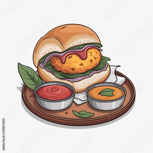 Vada Pav with Chutney and Fried Potato Fritter – Vector Style