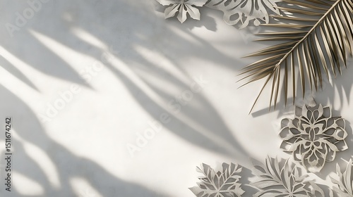 Elegant, decorative white paper shapes and shadows
