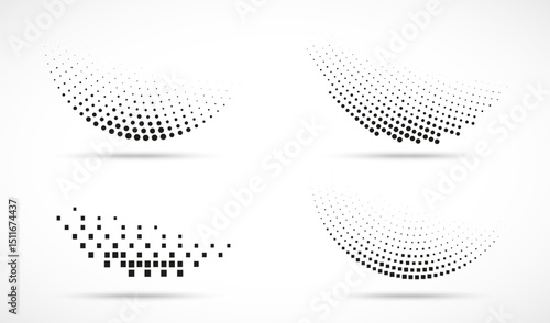 Set of Halftone Circle Dots Curve Gradient Pattern Backgrounds. Curve Dotted Design Elements Halftone Square Dots Texture. Vector Half Tone Logo Collection.