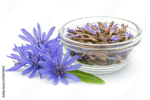 Dried chicory seeds in glass bowl with chicory flowers