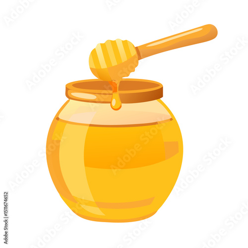 Vector illustration of a golden honey jar with a wooden dipper on white background