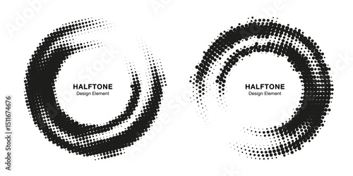 Halftone Circle Frame Abstract Dots Logo Emblem Design Element for Medical, Treatment, Cosmetic. Grunge Round Border Icon Using Halftone Circle Dots Raster Texture. Vector Emblem.