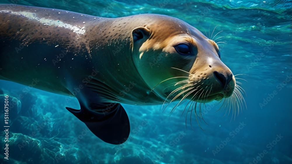 Obraz premium Color-enhanced image of a California sea lion underwater, glowing teal and blue ocean, dramatic lighting and vibrant contrast, surreal and eye-catching style,Generative Ai 