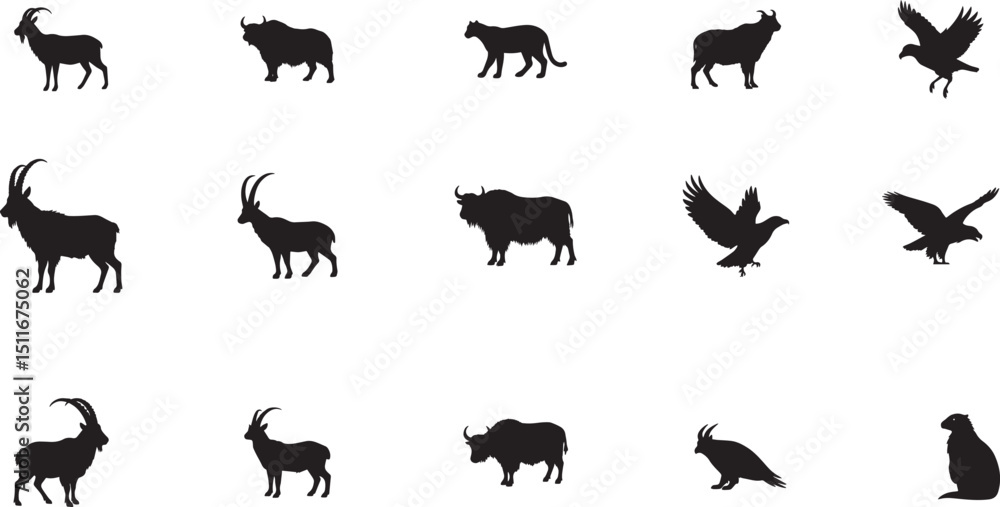 Obraz premium Wild Animal Silhouettes Set – Goat, Yak, Antelope, Bird, Panther Shapes