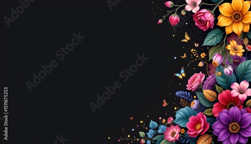 a floral background design with a vibrant array of colorful flowers, including what appears to be roses and pansies, in various colors such as purple, orange, pink, yellow, and gre