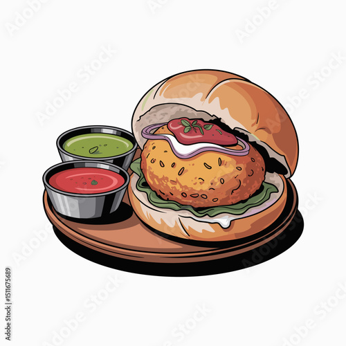 Vada Pav with Chutney and Fried Potato Fritter – Vector Style