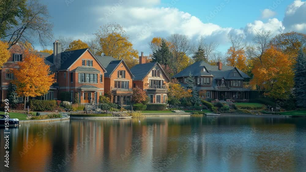Picturesque Lakeside Residences Displaying Autumnal Beauty and Serene Reflection Picturesque Lakeside Residences Displaying Autumnal Beauty and Serene Reflection