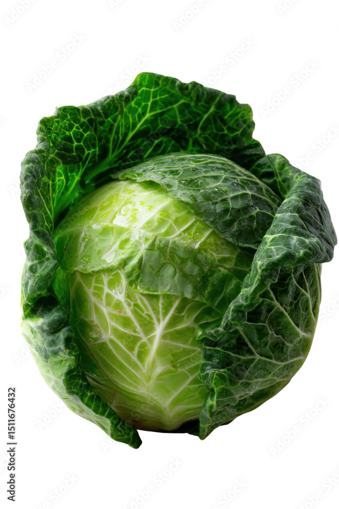 Fototapeta premium Fresh Head of Cabbage: An eye-level shot unveils a fresh, vibrant head of cabbage, capturing the intricate details of its textured leaves, showcasing the natural beauty of this versatile vegetable.