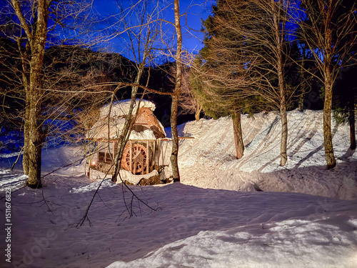 ライトアップされた雪の夜　
