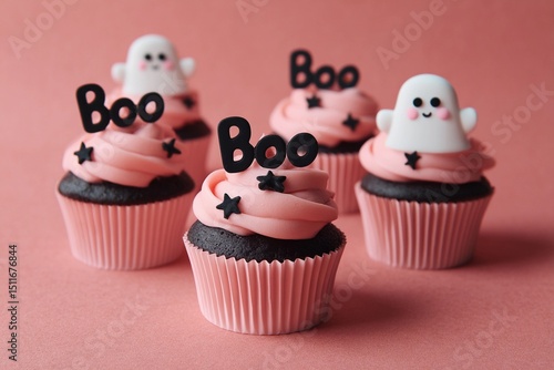 Delightful Pastel Pink Halloween Cupcakes With Playful Ghost Toppers Generative AI
