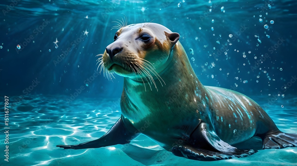 Obraz premium Fantasy-style image of a sea lion floating in glowing cyan water, with sparkles of light, dynamic pose, hyper-realistic and visually striking underwater scene,Generative Ai 