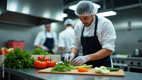 Chefs carefully prepare fresh vegetables in a professional kitchen setting, ready to cook.