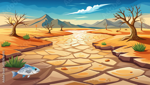 Climate Change Impact ,A dried-up riverbed with cracked earth and a dead fish, highlighting the effects of drought and environmental degradation.