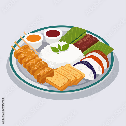 Delicious Asian Cuisine Savory Grilled Skewers, Rice, Tofu, and Vegetables