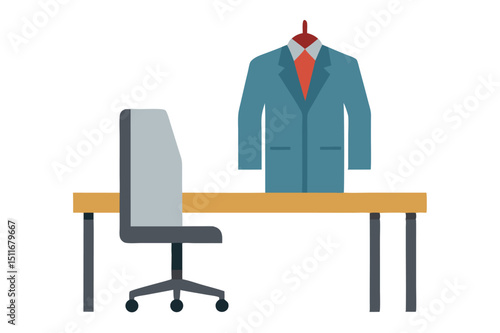 Early morning office desk with formal jacket on chair in workspace scene vector art illustration
