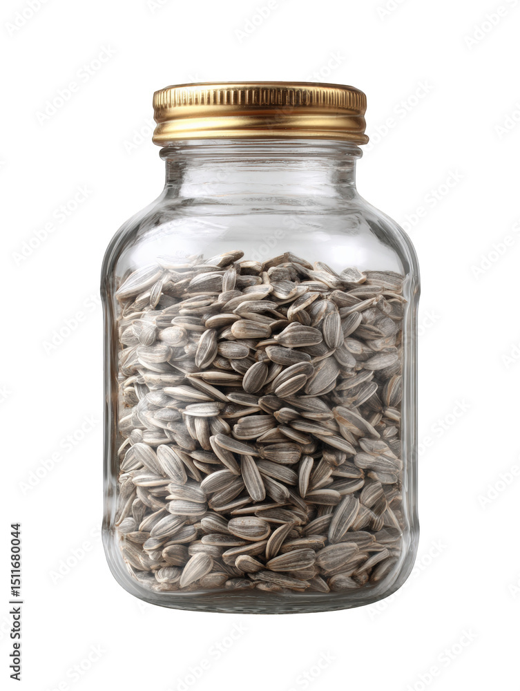 Glass jar filled with sunflower seeds, showcasing clear view of seeds inside. jar has golden lid, adding touch of elegance to simple yet appealing display Glass jar filled with sunflower seeds, showcasing clear view of seeds inside. jar has golden lid, adding touch of elegance to simple yet appealing display