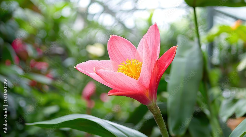 Fototapeta premium Vibrant pink flower with yellow center stands out amidst lush green foliage, showcasing its beauty in serene botanical setting