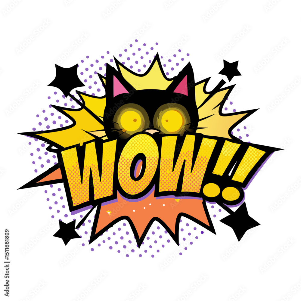 Fototapeta premium Cat with laser eyes expressing surprise in comic book style, vector illustration on transparent background