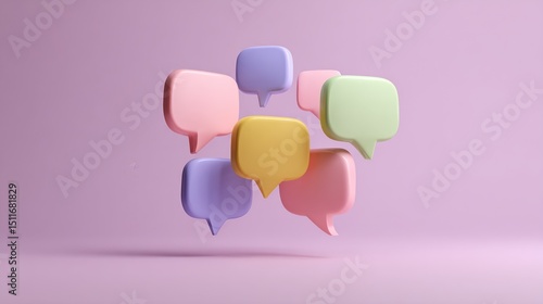 Floating pastel speech bubbles in a minimalist gradient space, symbolizing the exchange of feedback and creative ideas.