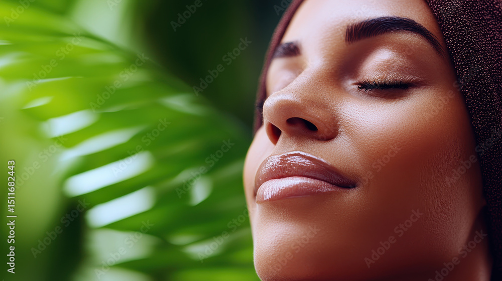 Serene woman with closed eyes enjoying nature, surrounded by lush green leaves, radiating tranquility and peace Serene woman with closed eyes enjoying nature, surrounded by lush green leaves, radiating tranquility and peace
