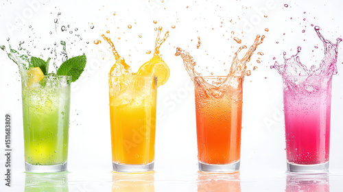 Refreshing drinks in colorful glasses with splashes, showcasing vibrant flavors and textures. Perfect for summer enjoyment