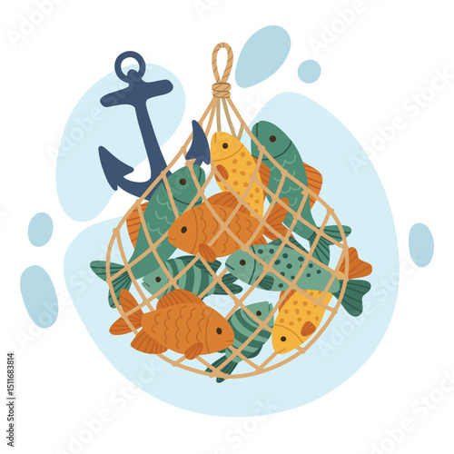 A charming vector illustration showcasing a fishing net full of colorful, cute fish alongside a nautical anchor. Perfect for children's designs, seafood themes, and ocean-related projects.