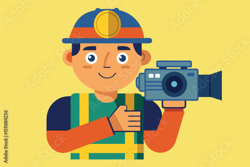Construction worker holding a camera captures a moment of hard work during the daytime