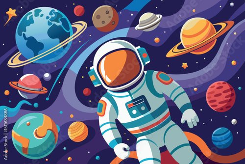 Astronaut exploring space with planets, stars, and galaxies in the background at a vibrant cosmic scene