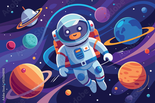 Cute cartoon astronaut exploring a colorful outer space with planets and stars