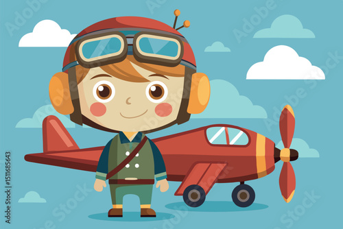Little pilot stands proudly next to a red airplane with bright blue sky and clouds in the background