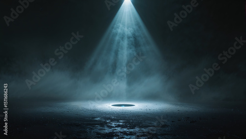 Spotlight illuminating mysterious glowing portal on foggy night