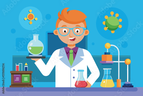Young scientist conducting experiments in a colorful laboratory during a sunny day
