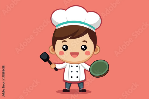 Young chef happily preparing food with a pan and spatula in a bright kitchen setting