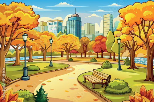 Colorful autumn park with city skyline in the background and vibrant foliage lining the pathways
