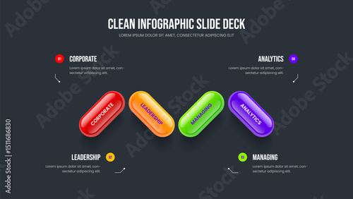 Company Proposal Four Element Infographic Presentation Design. Enterprise Campaign 4 Step Diagram Slide Template. Business Growth Slideshow Layout Vector Illustration.