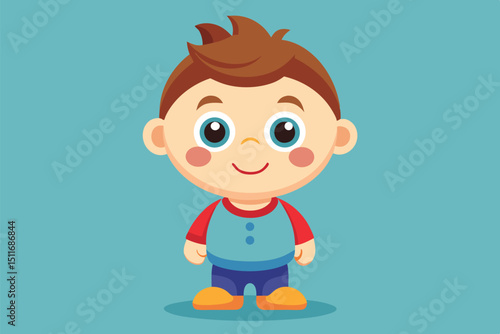 Cheerful cartoon boy with blue eyes and brown hair standing on a plain background, wearing a colorful outfit with a playful expression