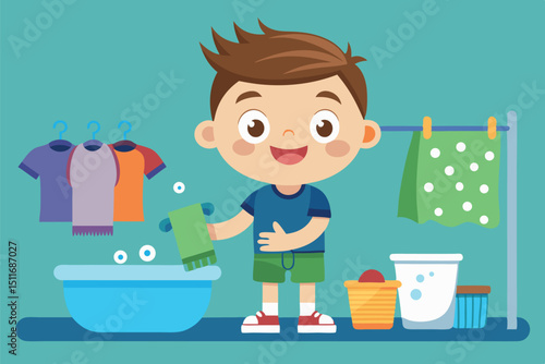 Young child happily washing clothes in a colorful laundry setting at home during the day