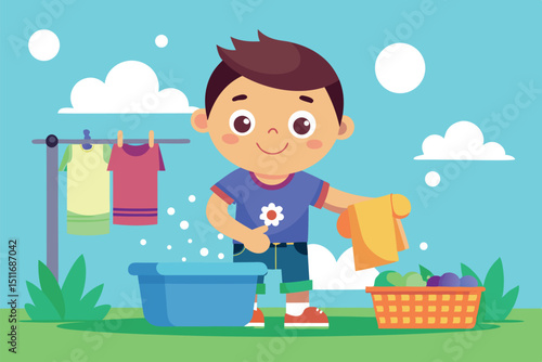 Young boy enjoys washing clothes outdoors while helping with household chores on a sunny day