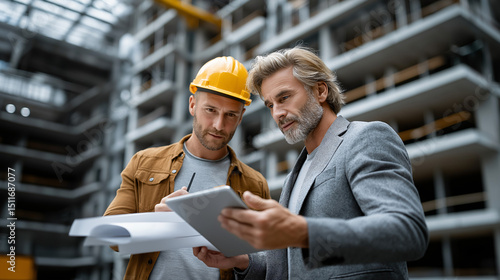 Architects or civil engineer meeting with client building owner at construction site.