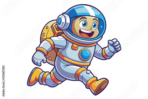 Cheerful child astronaut exploring space while joyfully running across alien terrain during a bright cosmic adventure